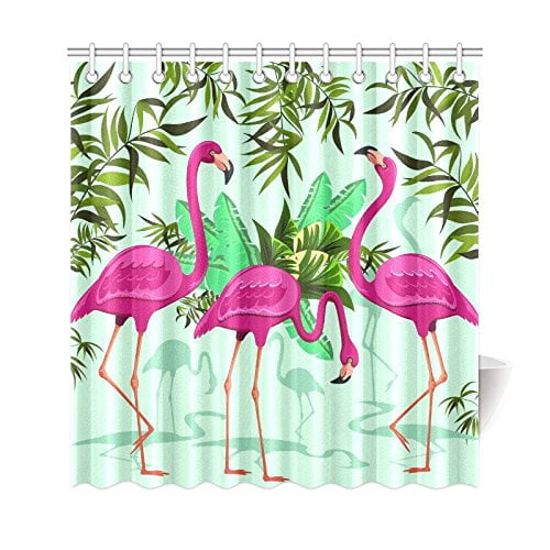 ARTJIA Pink Flamingo Shower Curtain, Tropical Floral Palm ...