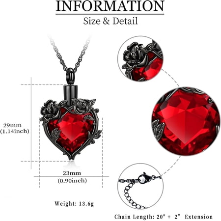 Stainless Steel Rose Flowers Crystal Heart Urn Pendant Memory Necklace for Cremation Ashes Keepsake Memorial Jewelry