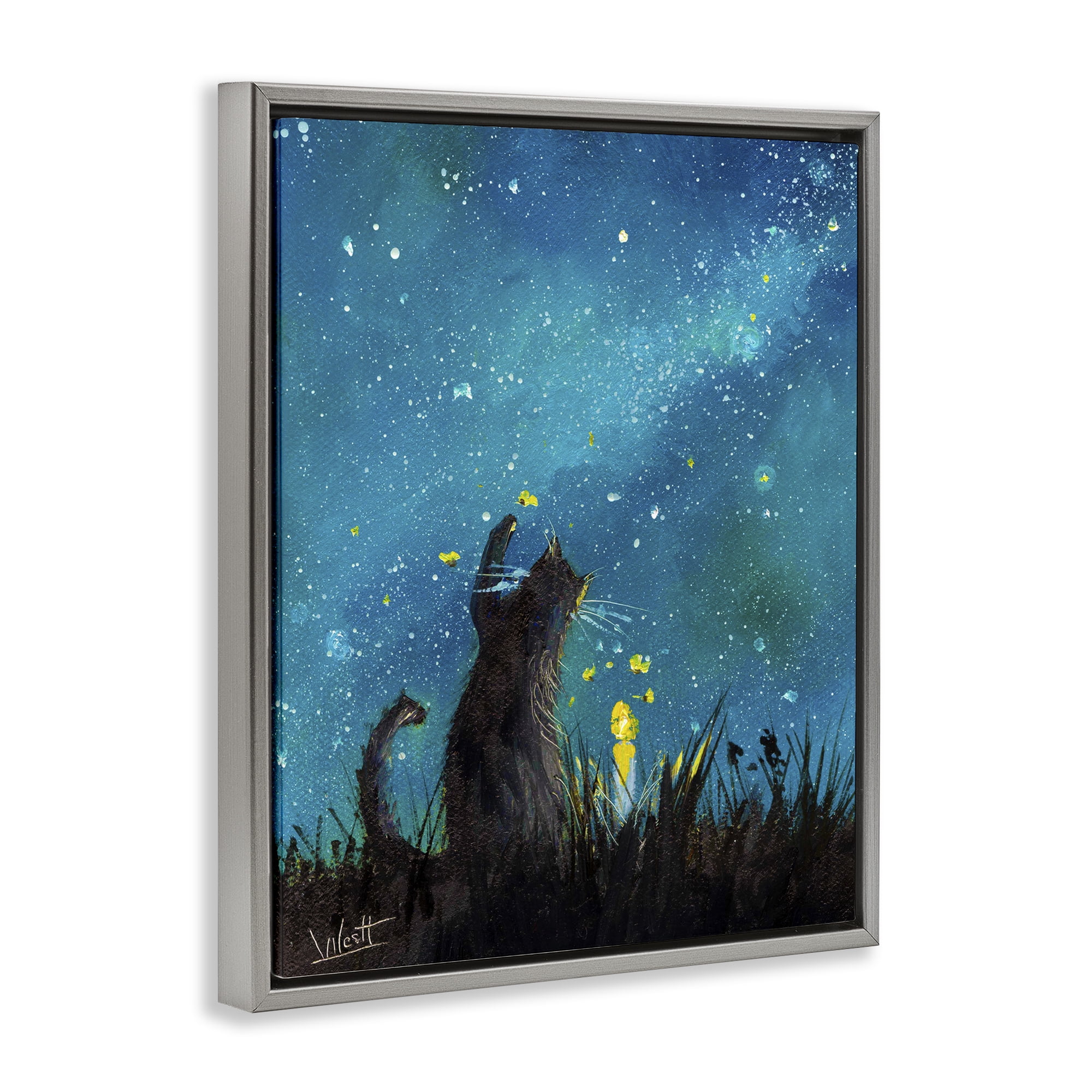 Stupell Industries Cat Playing Under Stars Astrology & Stars Painting Gray Floater Framed Canvas Art Print Wall Art, 17 x 21