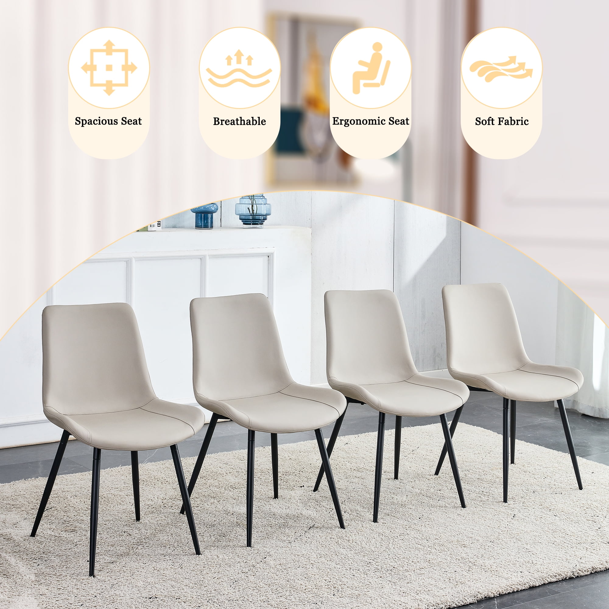 SUDICA Dining Room Chairs, Light Gray Faux Leather, Black Metal Legs, Set of 4