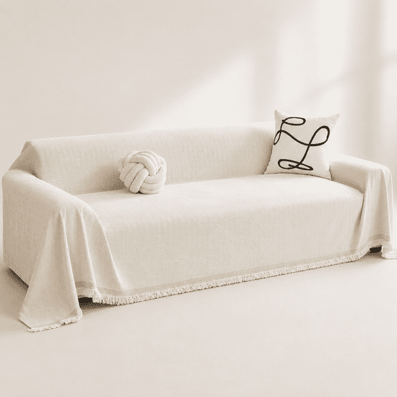 Beige 71x102 Inch Chenille Anti-Scratch Washable Sofa Slipcover with Tassels