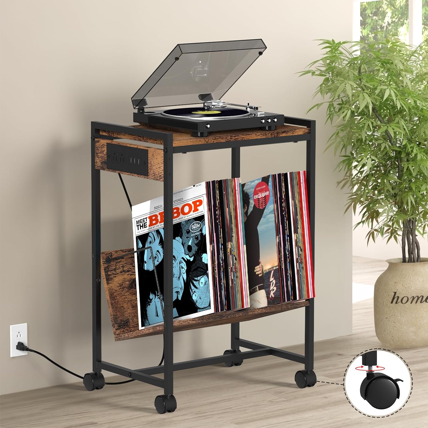 2-Tier End Table Record Player Stand with Charging Station and Vinyl Storage Shelf, Brown