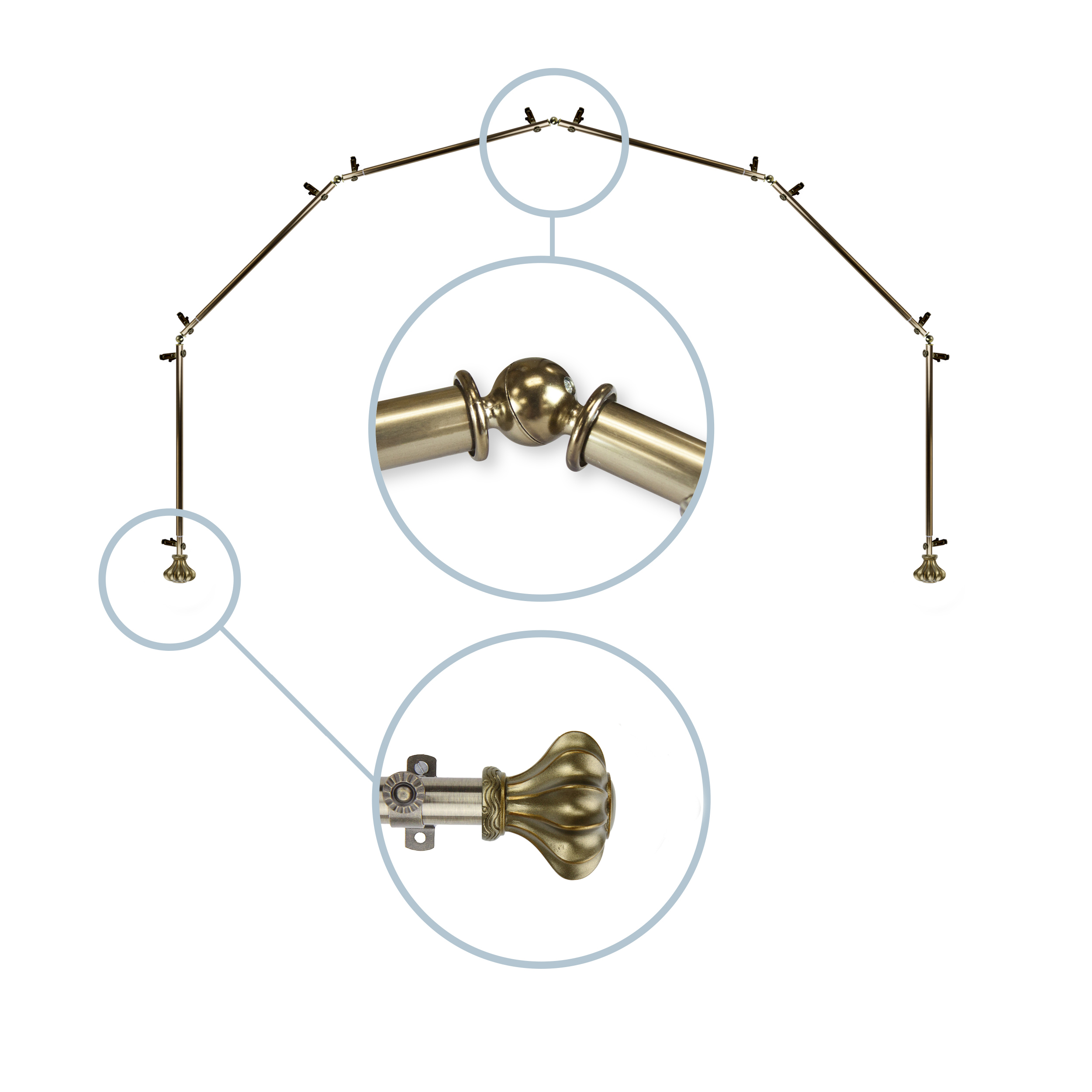 Maurice 13/16" 6-Sided Bay Window Curtain Rod - Antique Brass