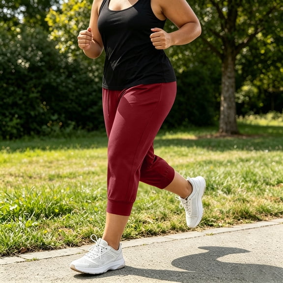Plus Size Women's Drawstring Capris Jogger Elastic Cuff Hem Casual Sporty Cropped Pants with Pockets Red XXL