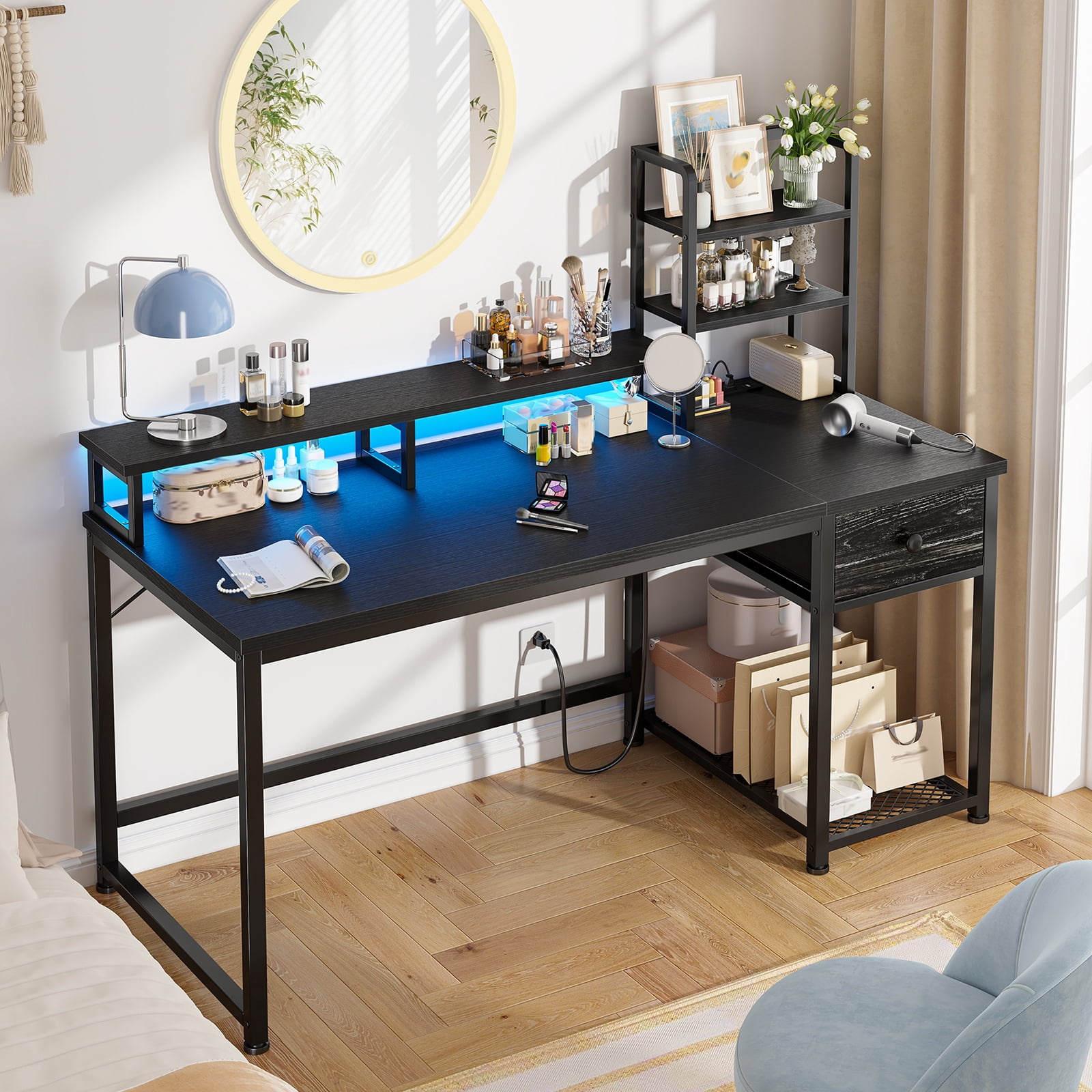 Romorgniz 44"W Computer Desk with Hutch, Gaming Desk with LED Lights & Power Outlets, Small Desk with Drawer and Monitor Stand, Writing Desk for Home Office, Black
