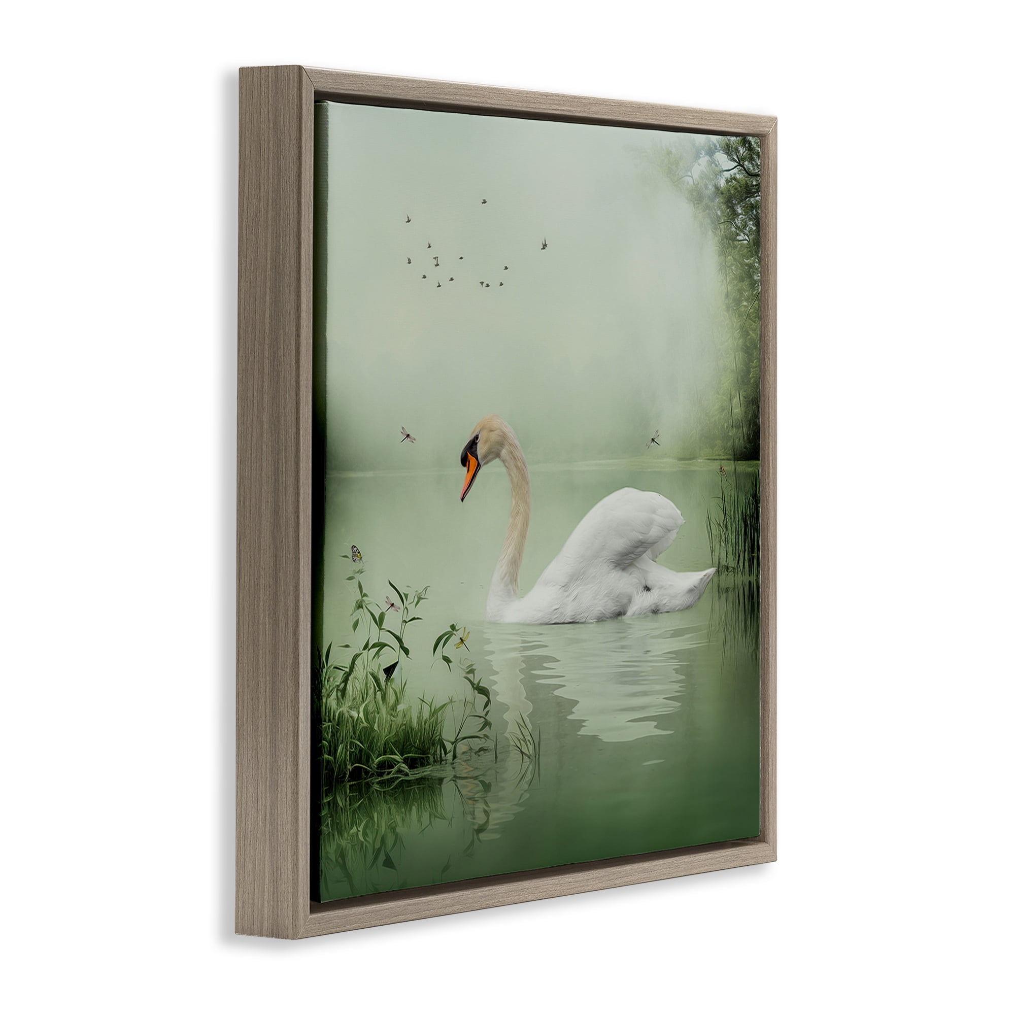 Stupell Industries Swan's Sanctuary Misty Lake Landscape & Nature Painting Brown Floater Framed Canvas Art Print Wall Art, 18 x 18