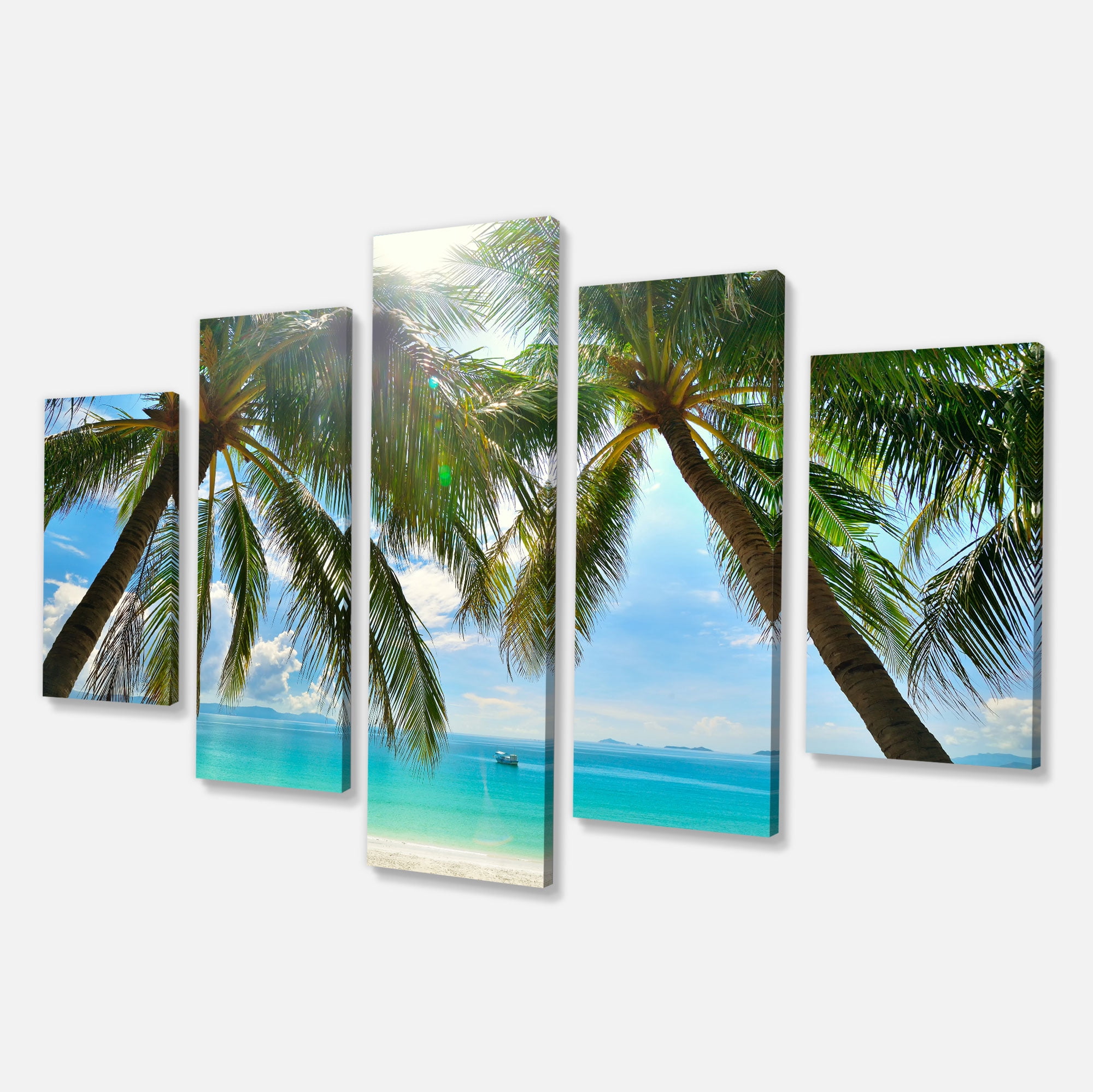 Designart 'Palm Hanging over Sandy White Beach ' Seashore Photo Canvas Art Print
