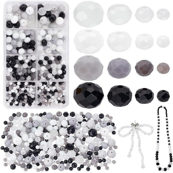 DIY 508pcs 4 Sizes Faceted Glass Beads 4/6/8/10mm Crystal Beads Rondelle Beads Black White Spacer Loose for DIY Jewelry Making Projects DIY