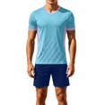 thumbnail image 2 of SGFCWSX Mens Soccer Set 2 Piece Striped V Neck Quick Dry Short Sleeve Shirt and Shorts Football Training Athletic Outfit Light Blue Size L, 2 of 9