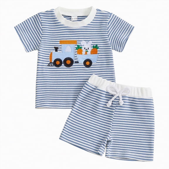 Kaprioy My First Easter Baby Boy Outfit Boys Eeaster Outfit Embroidery Striped Waffle Knit Short Sleeve T-Shirt Shorts Set Summer Clothes Easter Outfit 2Pcs Set