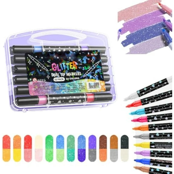Dual-Tip Glitter Marker Pen,Brush & Fine Point Sparkle Pens for Adults, Water-Based Ink for Card Making, Rock Painting, DIY Art Crafts (24)