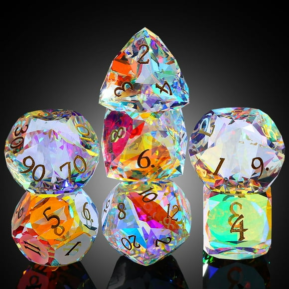 DNDND Ensemble de dés en Verre Prism 7 Pcs - dés RPG Multifacettes Arc-en-Ciel pour Dungeons & Dragons, Jeu de Table, Collectionneurs / Boîte Cadeau Premium & Design Durable (Arc-en-Ciel)