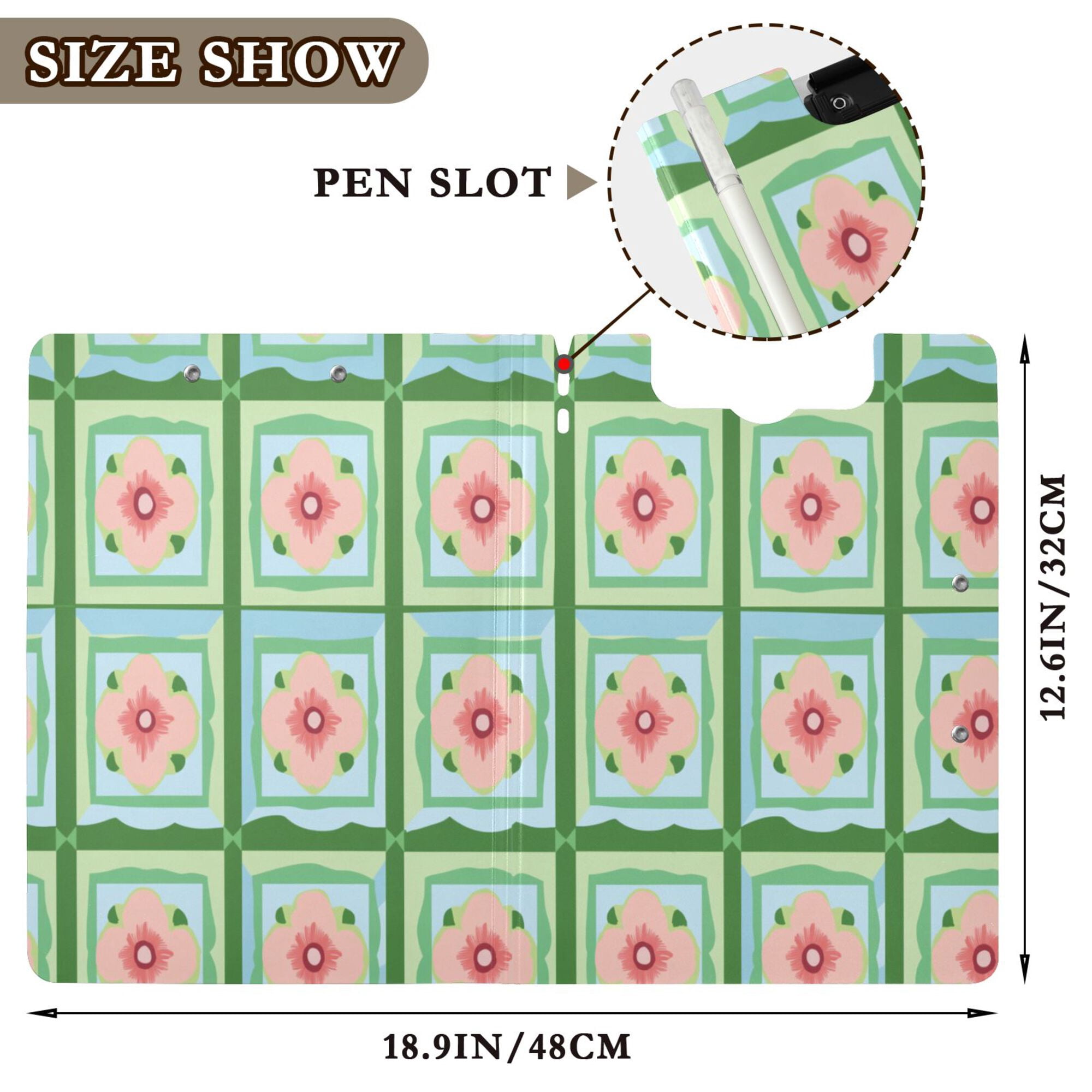 FORMRS A4 Clipboard Folder with Pen Holder Horizontal Foldable School Office Binder, Green Blossom Mosaic