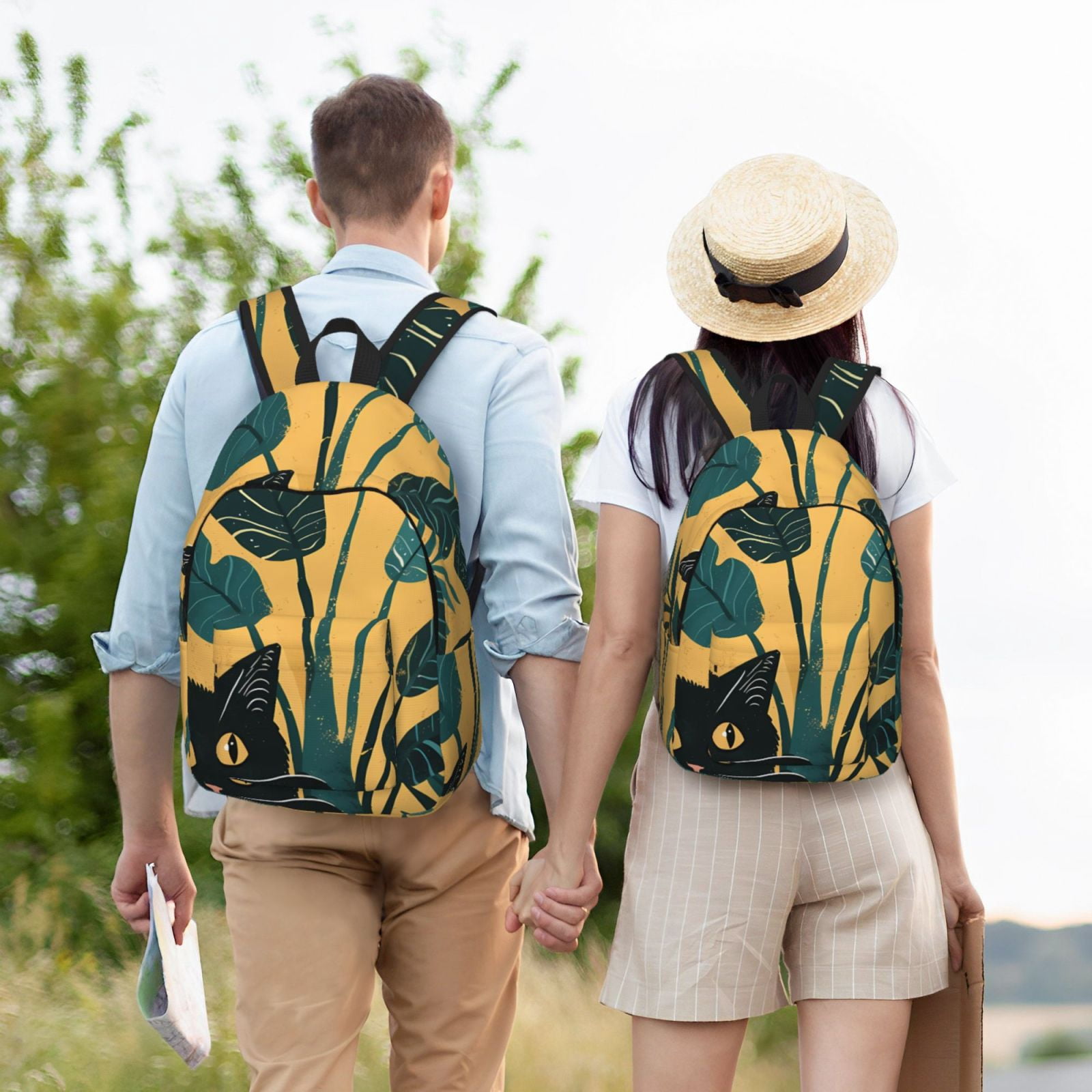 Vsdgher Cat Hiding In Potted Plants Print Canvas Backpack Travel Rucksack Unisex Knapsack 15.7/17.7Inch Laptop Backpack for Work,College -Medium