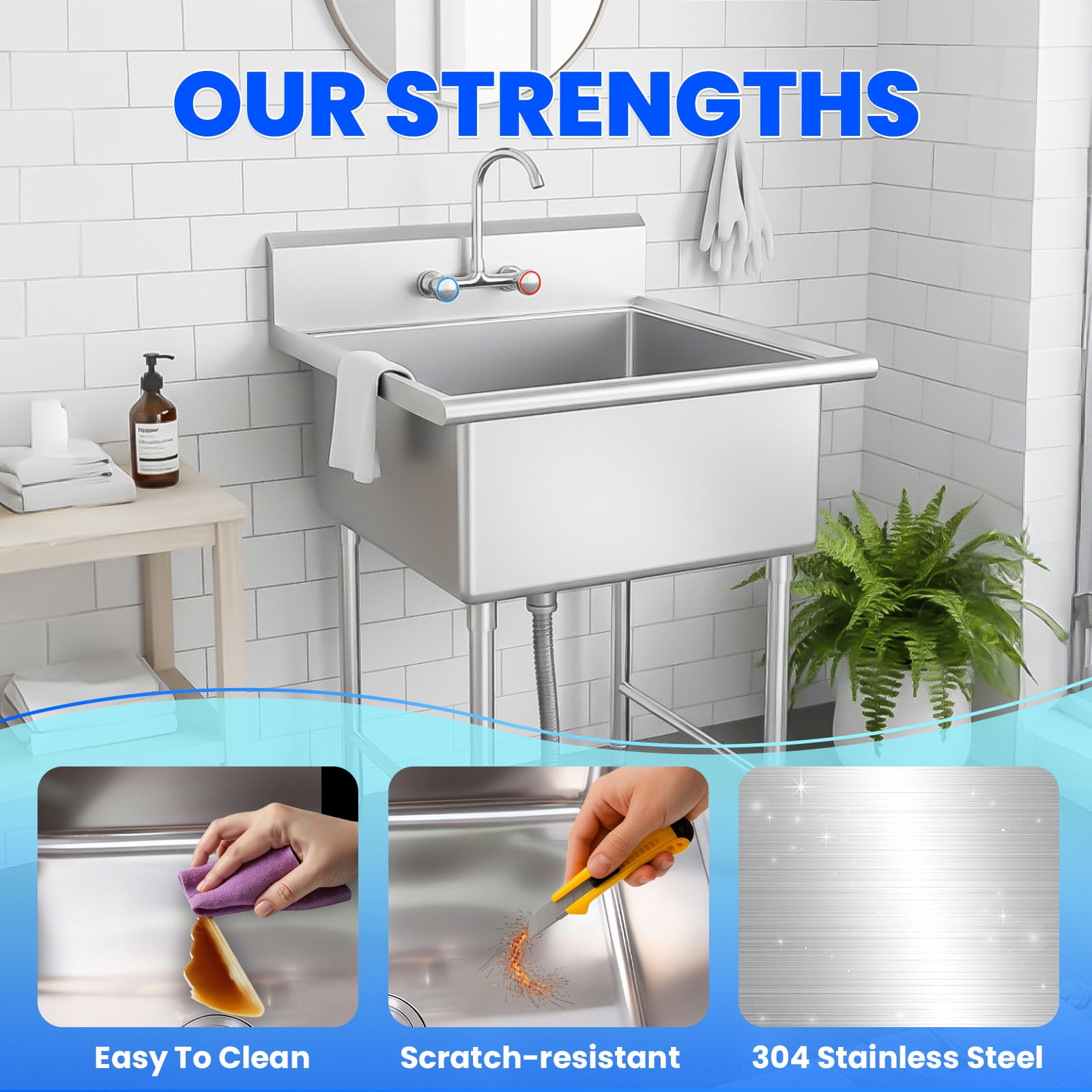 Muweixin 27" 304 Stainless Steel Freestanding Utility Sink with Backsplash, Deep Single Bowl Commercial Sink for Kitchen Restaurant Outdoor