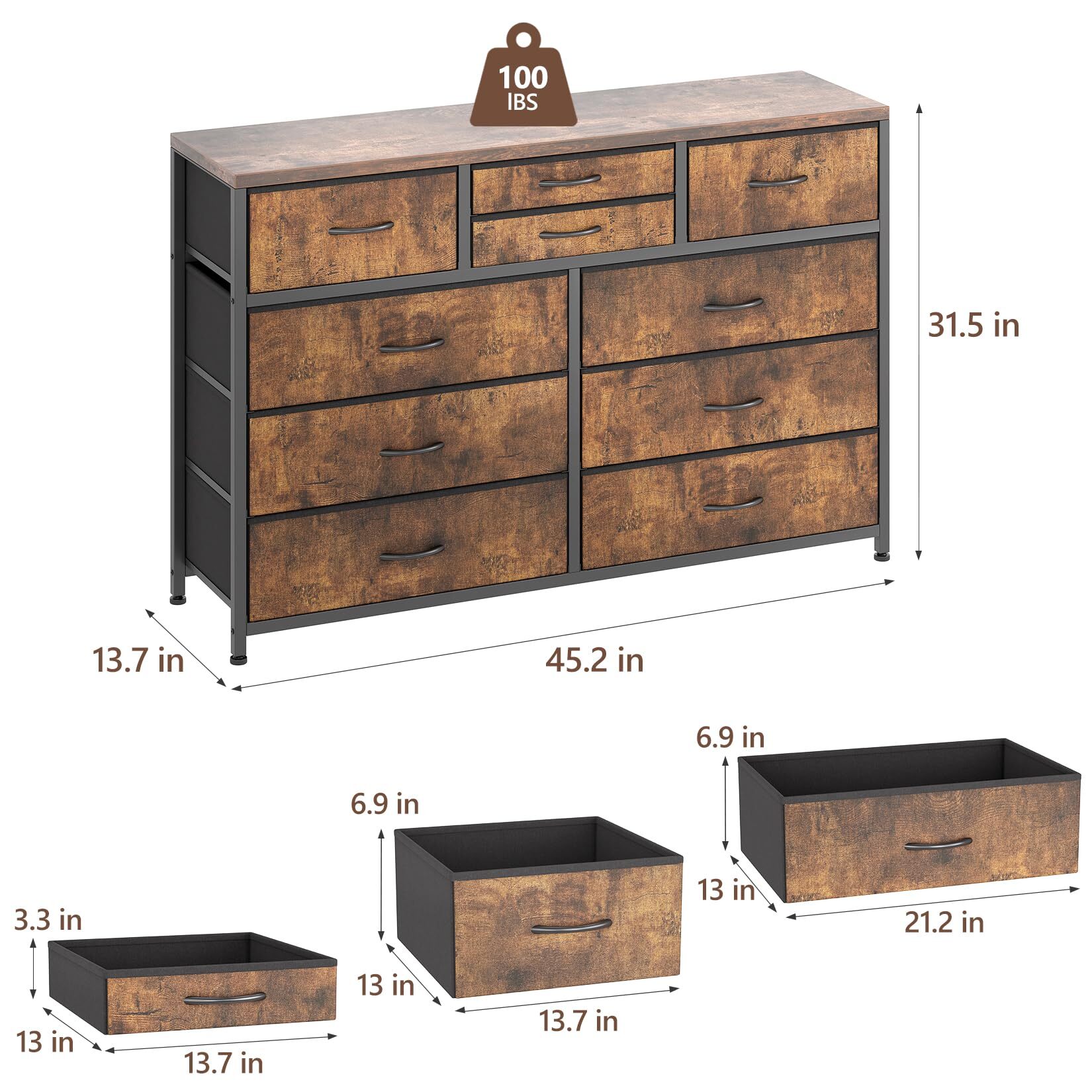 Emorefun TV Stand for 55 Inch TV, Entertainment Center with 10 Drawers for Living Room, Closet, Entryway, Hallway, Rustic Brown