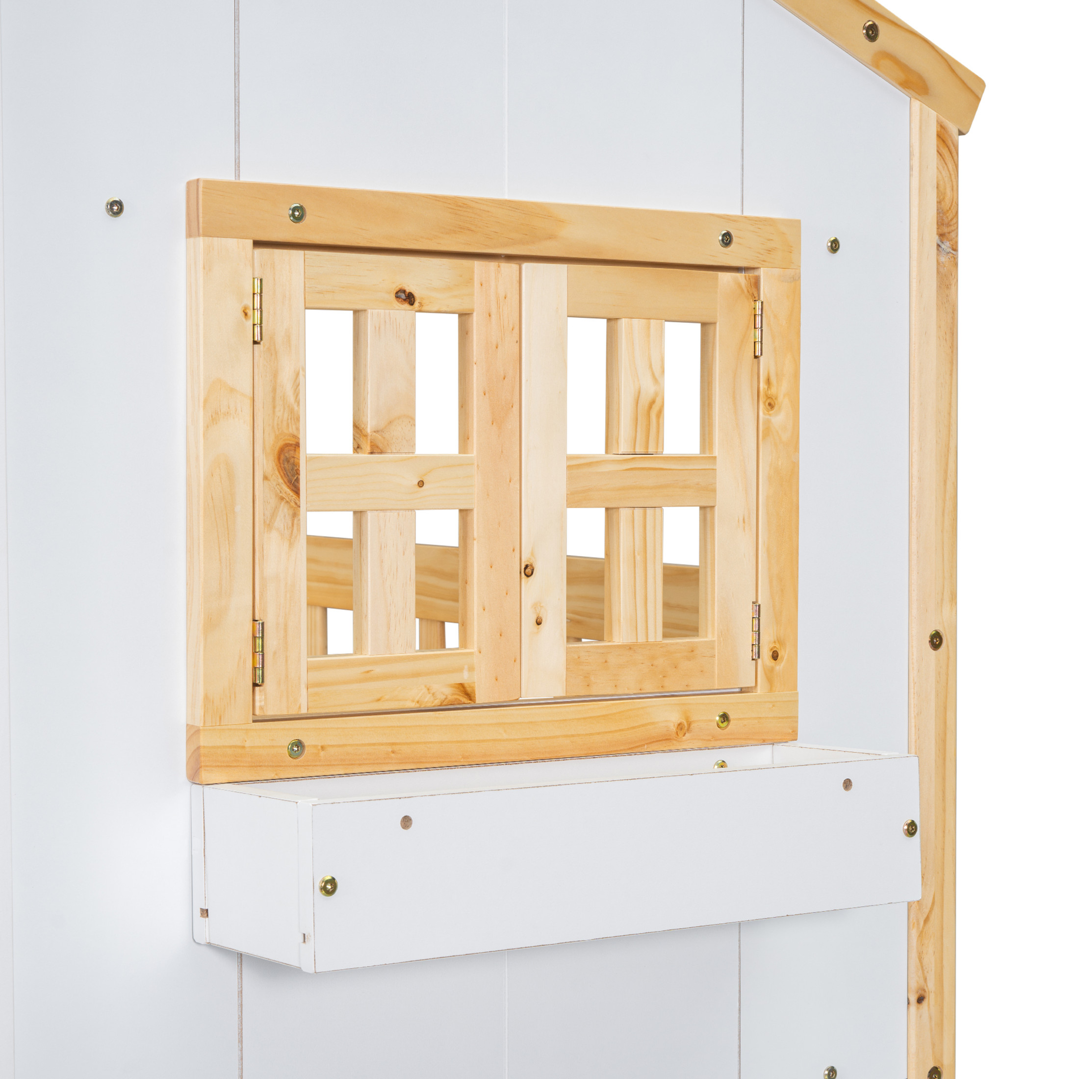 Noble House Twin Over Twin House Bunk Bed, Pine Wood Frame with Safety Guardrails and Ladder, Natural + White