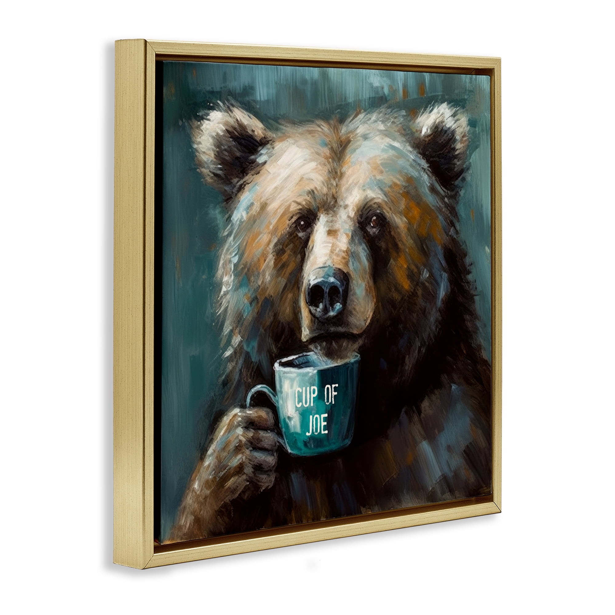 Stupell Industries Bear with Cup Of Joe Gold Framed Floater Canvas Wall Art, design by Tina LeCour