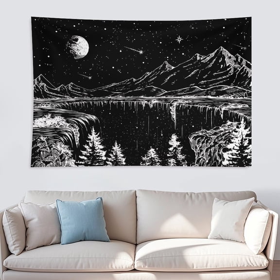 Black and White Tapestry Starry Night Mountain Tapestries for Bedroom Aesthetic Moon and Stars Tapastries Wall Hanging Dark Nature Forest Wall Tapestry for Living Room Dorm 60 x 40 Inch