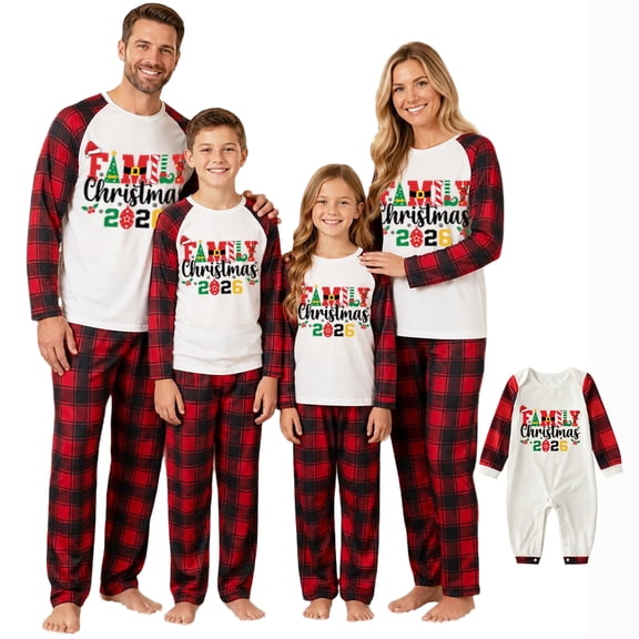 Family Christmas Pajamas Matching Sets, Plaid Family 2026 Print Long Sleeve Top & Pants Christmas Pajamas for Family, 2 Piece Holiday Sleepwear Xmas Family Pjs Set