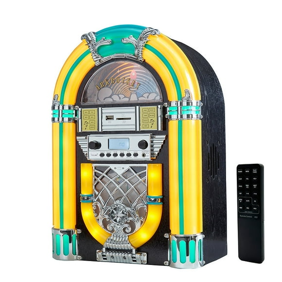 Arkrocket Athena Mini Jukebox / Tabletop CD Player / Bluetooth Speaker / Radio / USB and SD card Player with Retro LED Lighting System (Black Yellow)