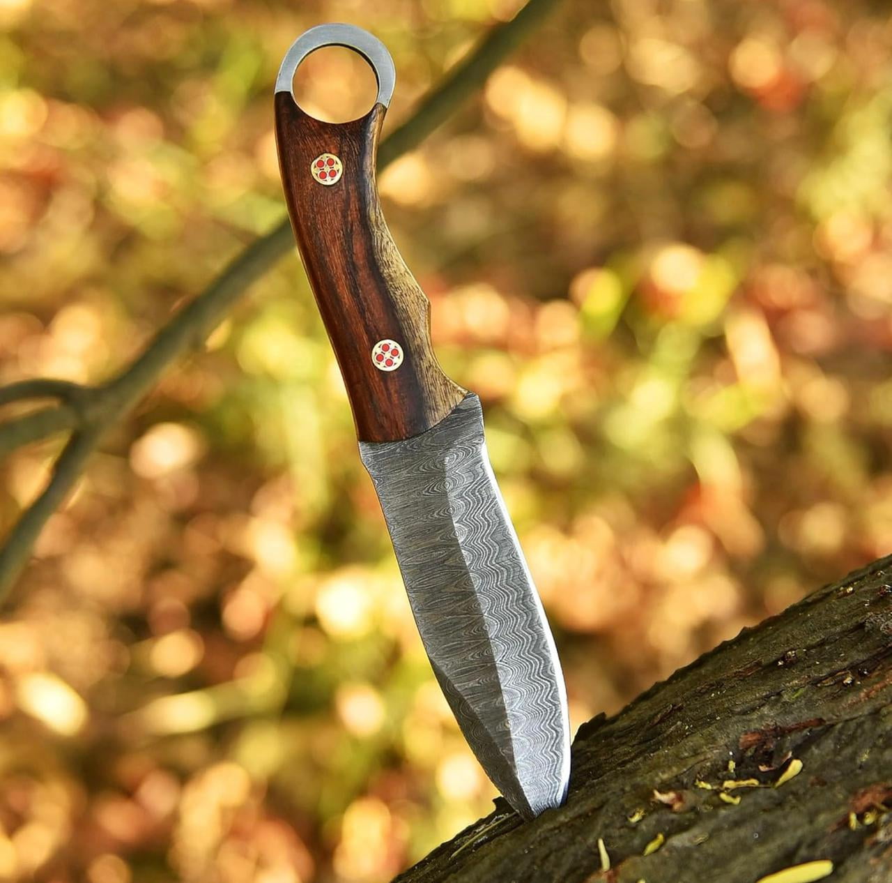 Damascus Steel Hunting Knife with Wooden handle, Fixed Blade Knife with Leather Sheath, Outdoor Camping Survival Knife