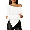 thumbnail image 7 of lulshou Shirts for Women Off-Shoulder Slim Fit T-Shirt Long Sleeve Slant Neck Asymmetric Hem Pullover for Daily Wear, Dates, White, XL, 7 of 7