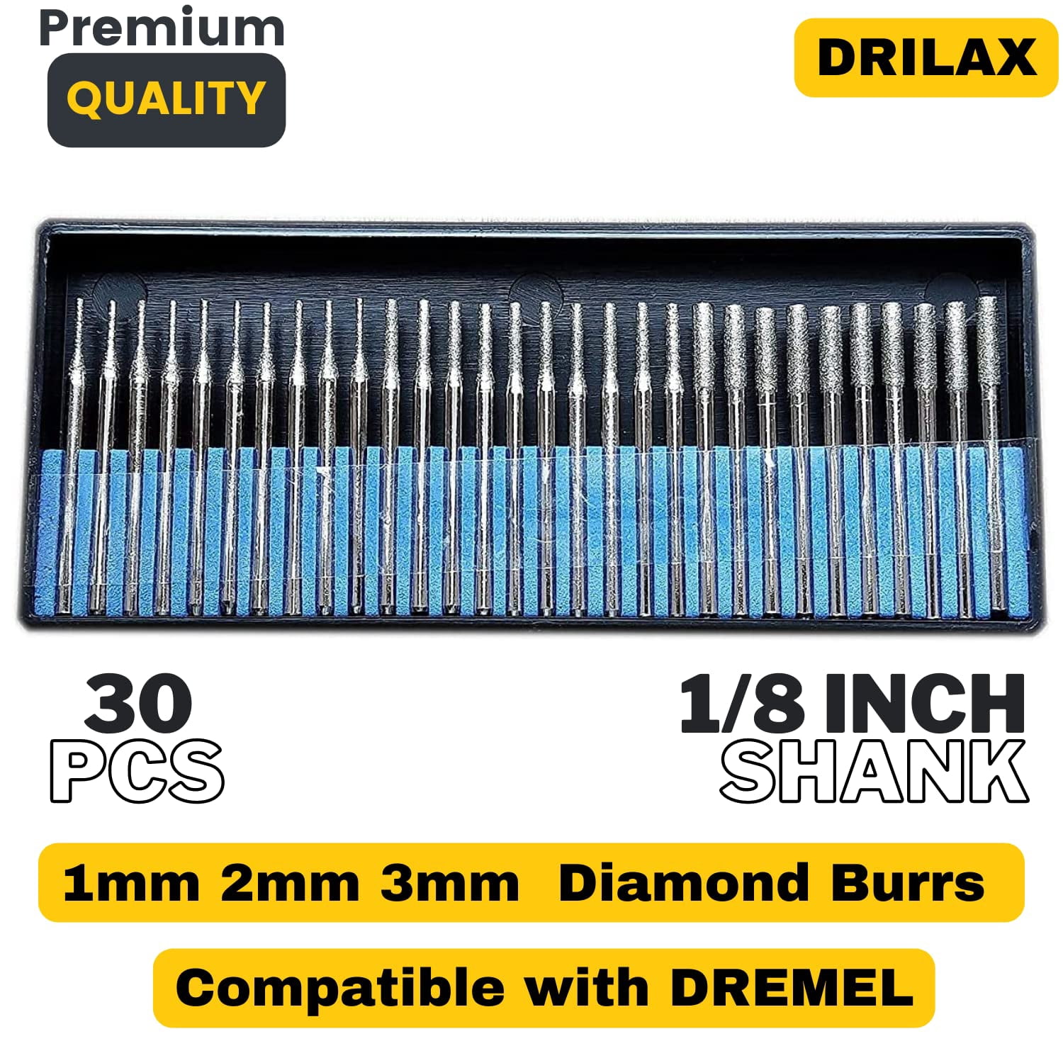 DRILAX Diamond Drill Bit Cylindrical Burr Set 30 Piece 1mm 2mm 3mm