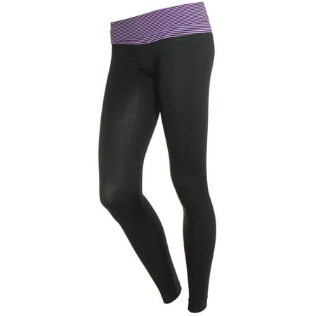 - Slimming Fold over Waist Contrast Band Long Lounge Yoga Pants, Lavender Stripe