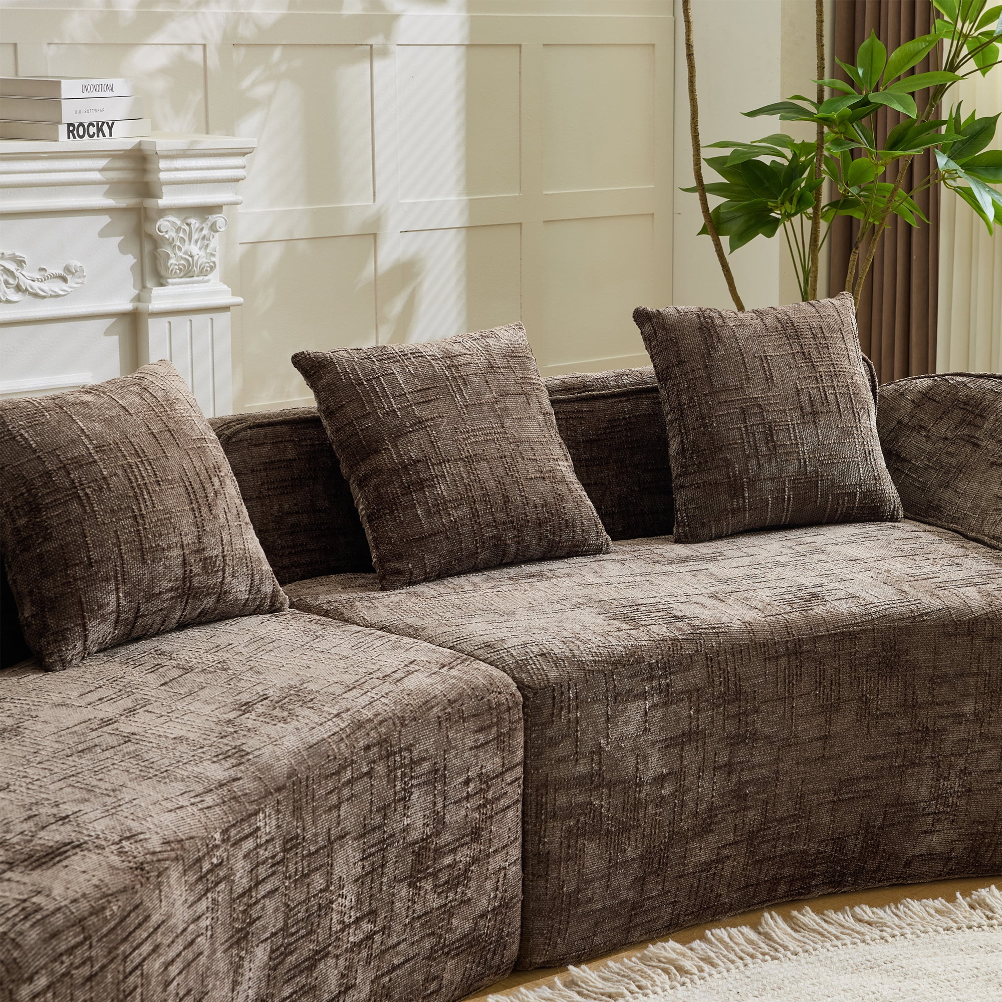 MAYEERTY 4-Seat Curved Compressed Sectional Sofa, Upholstered Cloud Modular Couch with Throw Pillows, No Assembly for Living Room Apartment Small Spaces