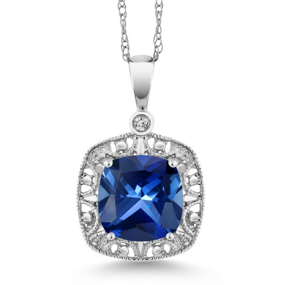 Gem Stone King 10K White Gold Blue Created Sapphire and Diamond Accent Pendant Necklace for Women | 2.50 Cttw | Cushion 8MM | With 18 inch Chain