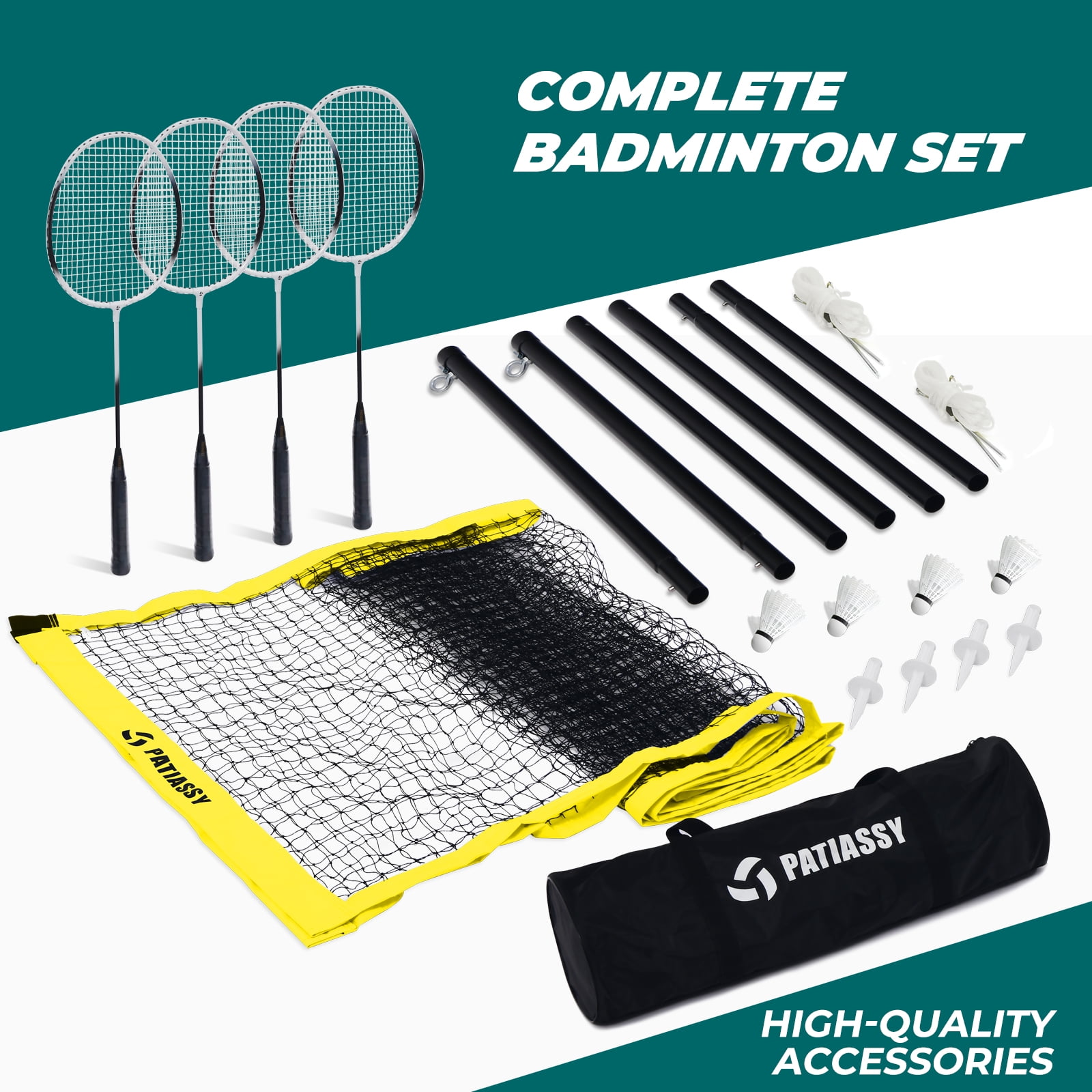 Patiassy Badminton Set with Grip Handle Portable Net 4 Rackets, Shuttlecocks, and Carrying Bag
