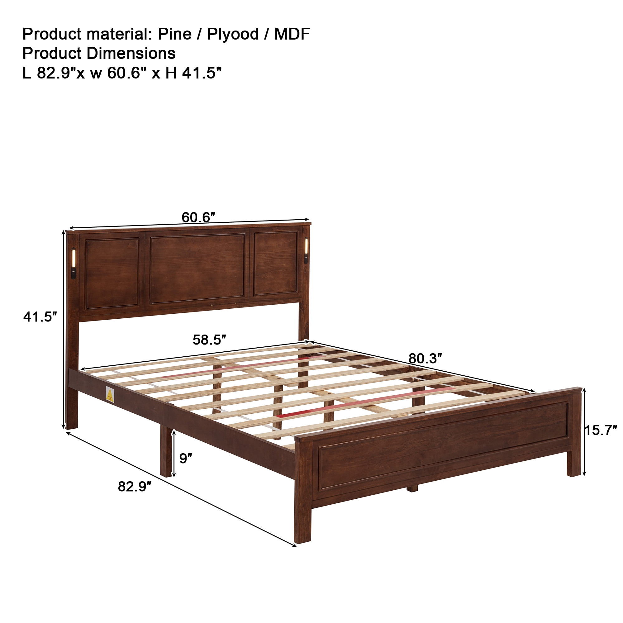 PORKISS Queen Size Platform Bed Frame with LED Lights, USB Charging Station, Solid Wood Queen Bed Frame with Headboard, Wooden Slat Support for Bedroom, Walnut