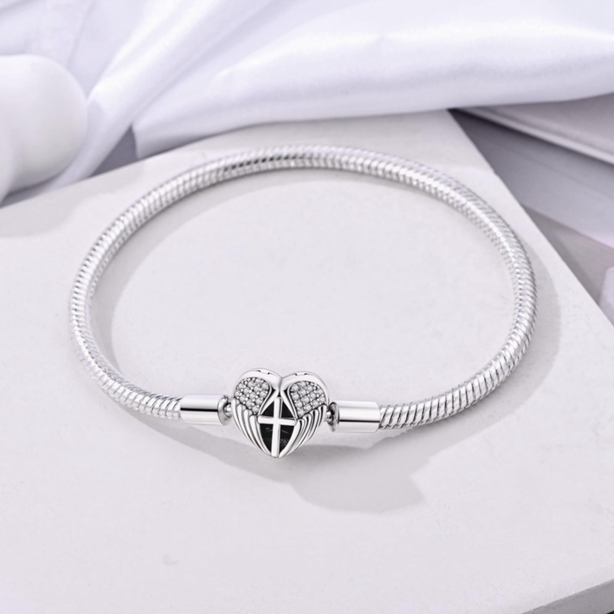 Alscharm 925 Sterling Silver Snake Chain Bracelet Guardian Wing Cross Charms Bracelets for Women Girls Gifts for Her