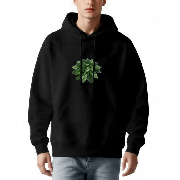 Men's Long Sleeve Hooded Pullover Sweatshirt - Relaxed Fit Black Hoodie with Green Leafy Design and Front Pocket