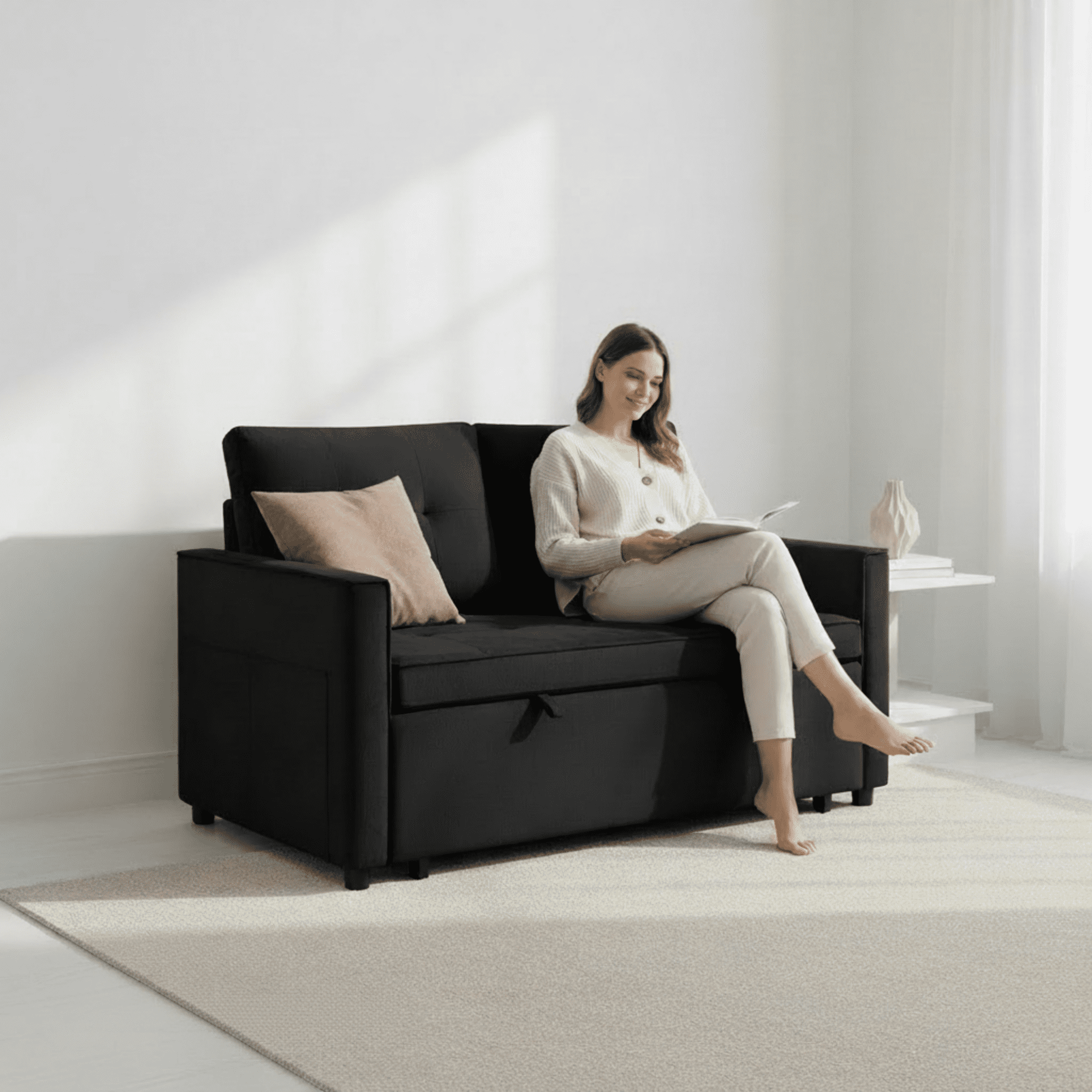 Gewnee Black Velvet Convertible Loveseat with Adjustable Backrest and Storage Pockets