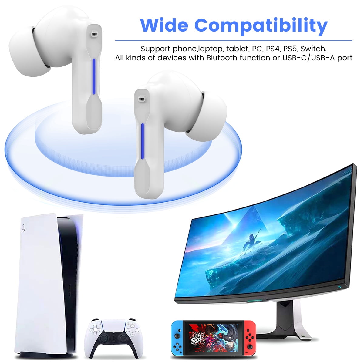 SW4 Wireless Gaming Earbuds for PC PS4 PS5 Switch Mobile - 2.4G Dongle & Bluetooth - 40ms Low Latency - Headphones with Built-in Microphone - 4 Mics PC Earbuds - PS5 Headset(White)