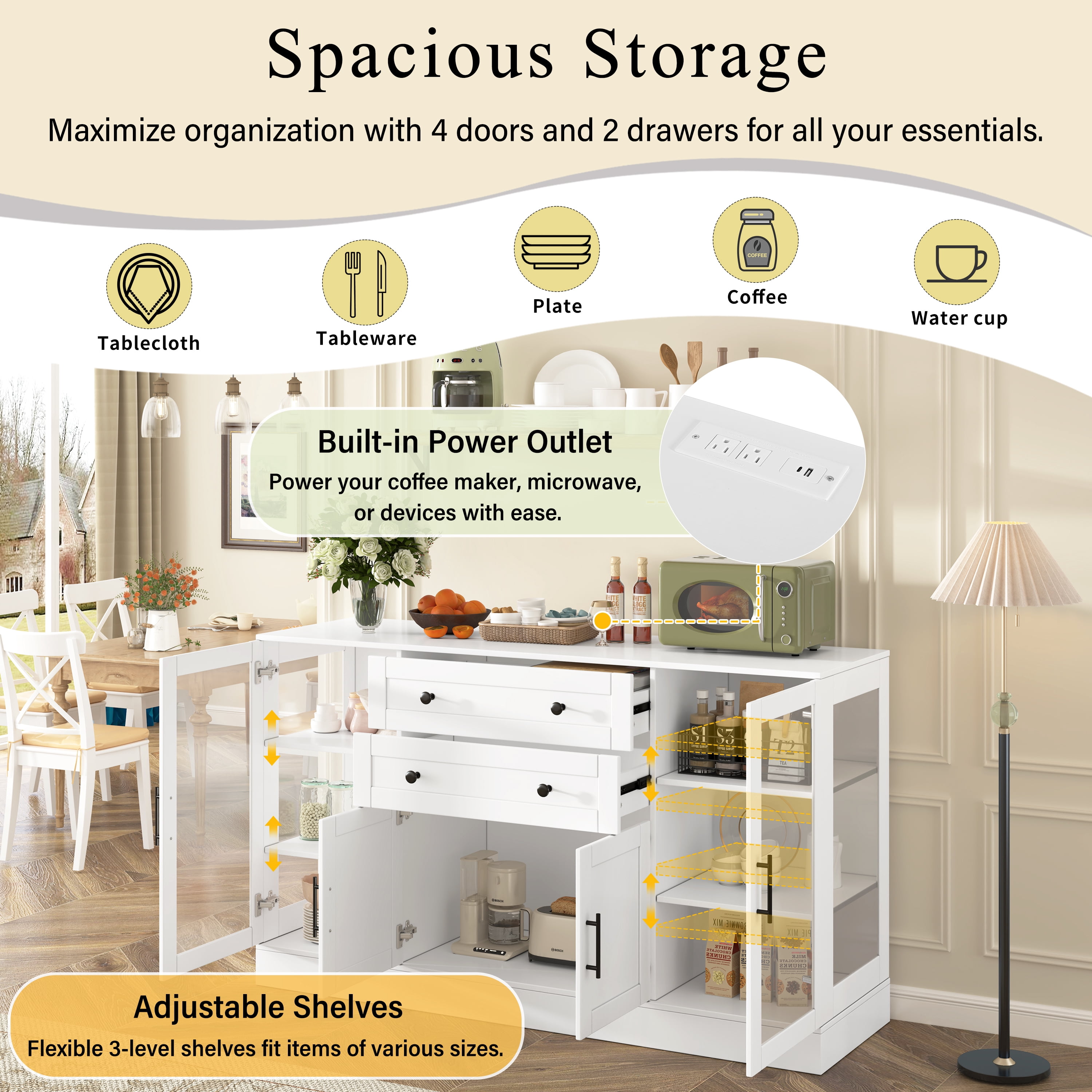 Mintazer 58" Modern Acrylic Sideboard Buffet Cabinet with Power Outlet & Adjustable Shelves, Storage Cabinet with 4 Doors & 2 Drawers for Dining Room Living Room Kitchen, White