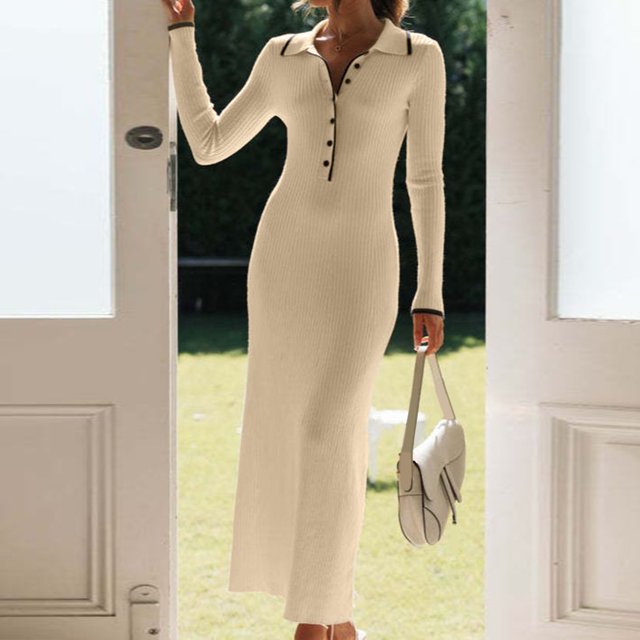 Vestido Vestido con botones para mujer, vestido informal con cuello de solapa, suéter elástico, vestidos Cgtredaw Beige T S para Mujer