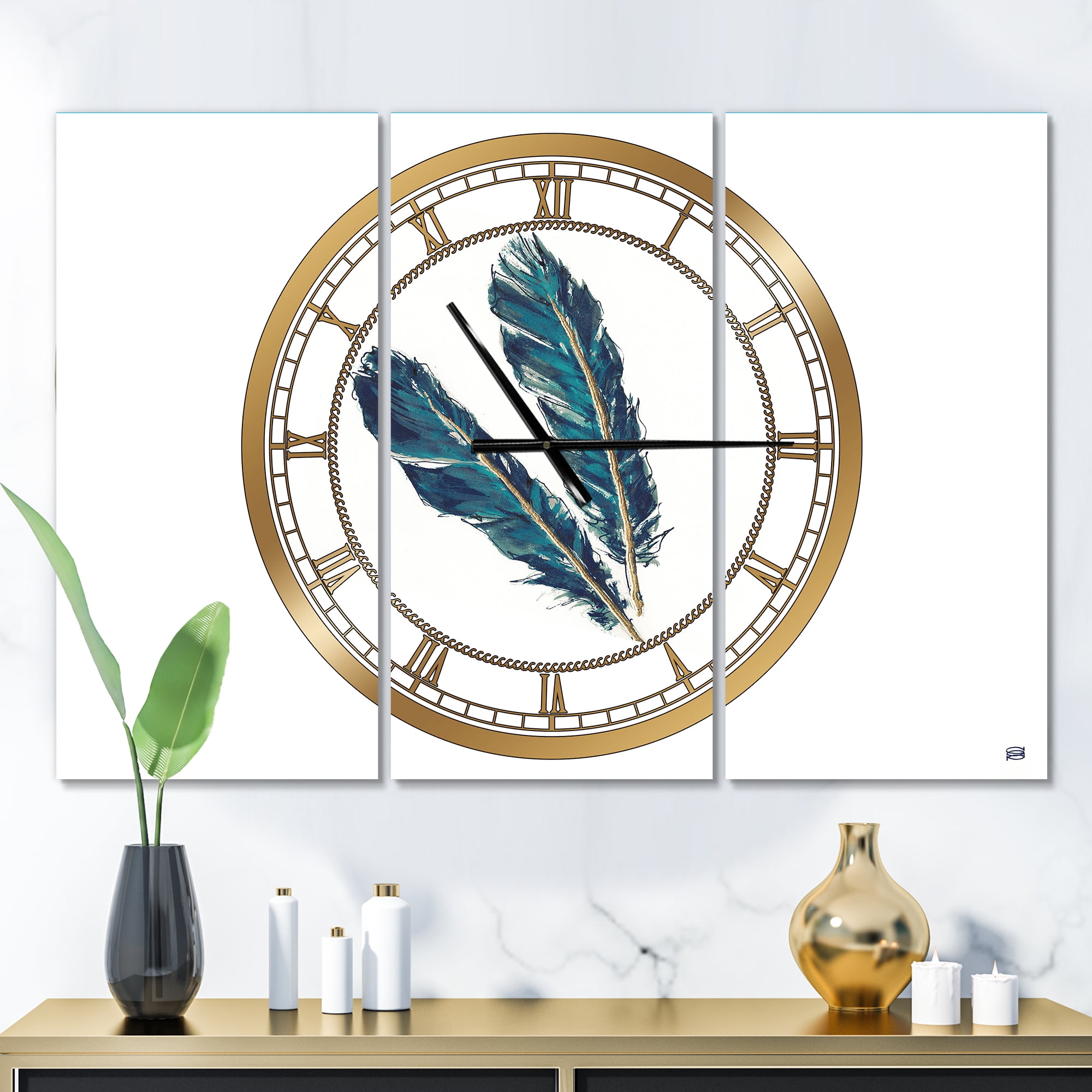 Designart 'Gold Indigo Feathers III' Bohemian Wall Clock