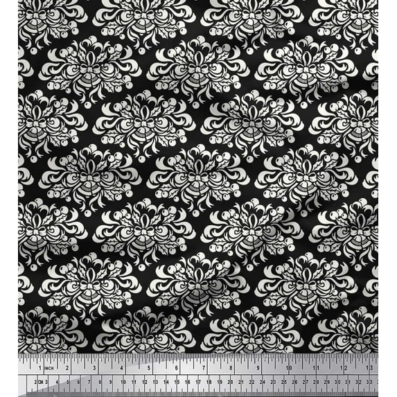 Soimoi Black Rayon Fabric Filigree Damask Printed Fabric 1 Yard 56 Inch Wide