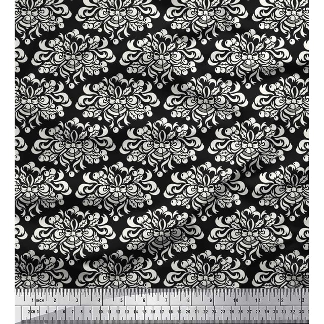 Soimoi Black Poly Georgette Fabric Filigree Damask Decor Fabric Printed Yard 52 Inch Wide