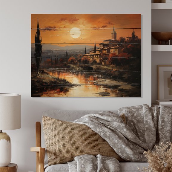 Designart "Sunsets in Tuscan, Italy I" Landscapes Print on Natural Pine Wood