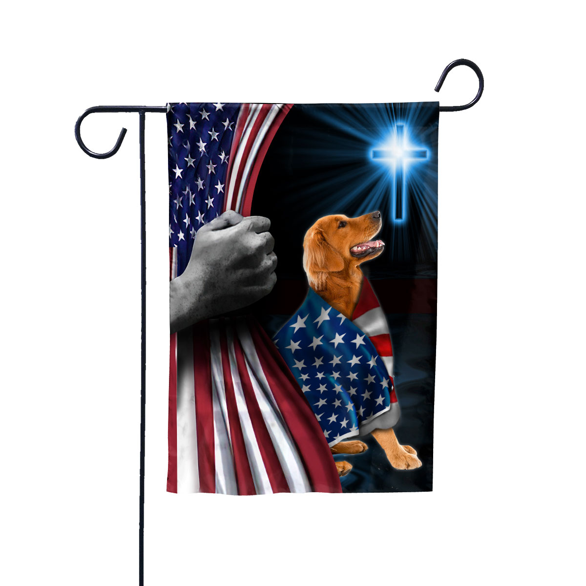 Hand Pulling USA Flag Golden Dog Wearing Flag American Standing under Cross Christian Patriotic House Flag (3x5) Double Sided- Premium Polyester-Decorative Indoor Outdoor Flag
