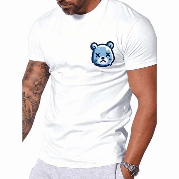 Whichone Men's 100% Cotton T-shirt Cute Little Bear Print Stylish Daiyly Wear,White,Sizes S-2XL