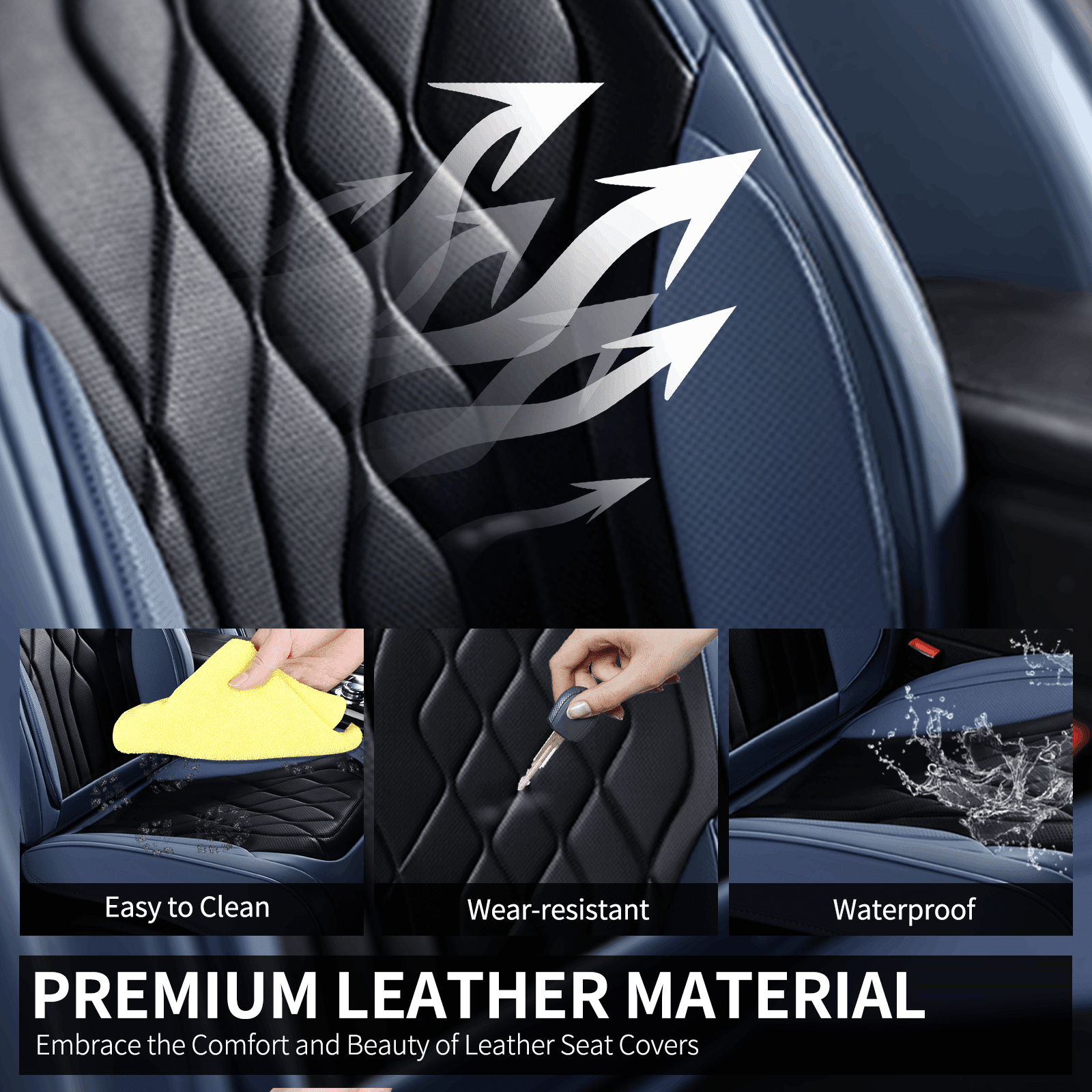 FLORICH Car Seat Covers Full Set, Waterproof Faux Leather Seat Protectors, Automotive Interior Cushions Universal Fit for Most Cars Suv Trucks, Black & Blue