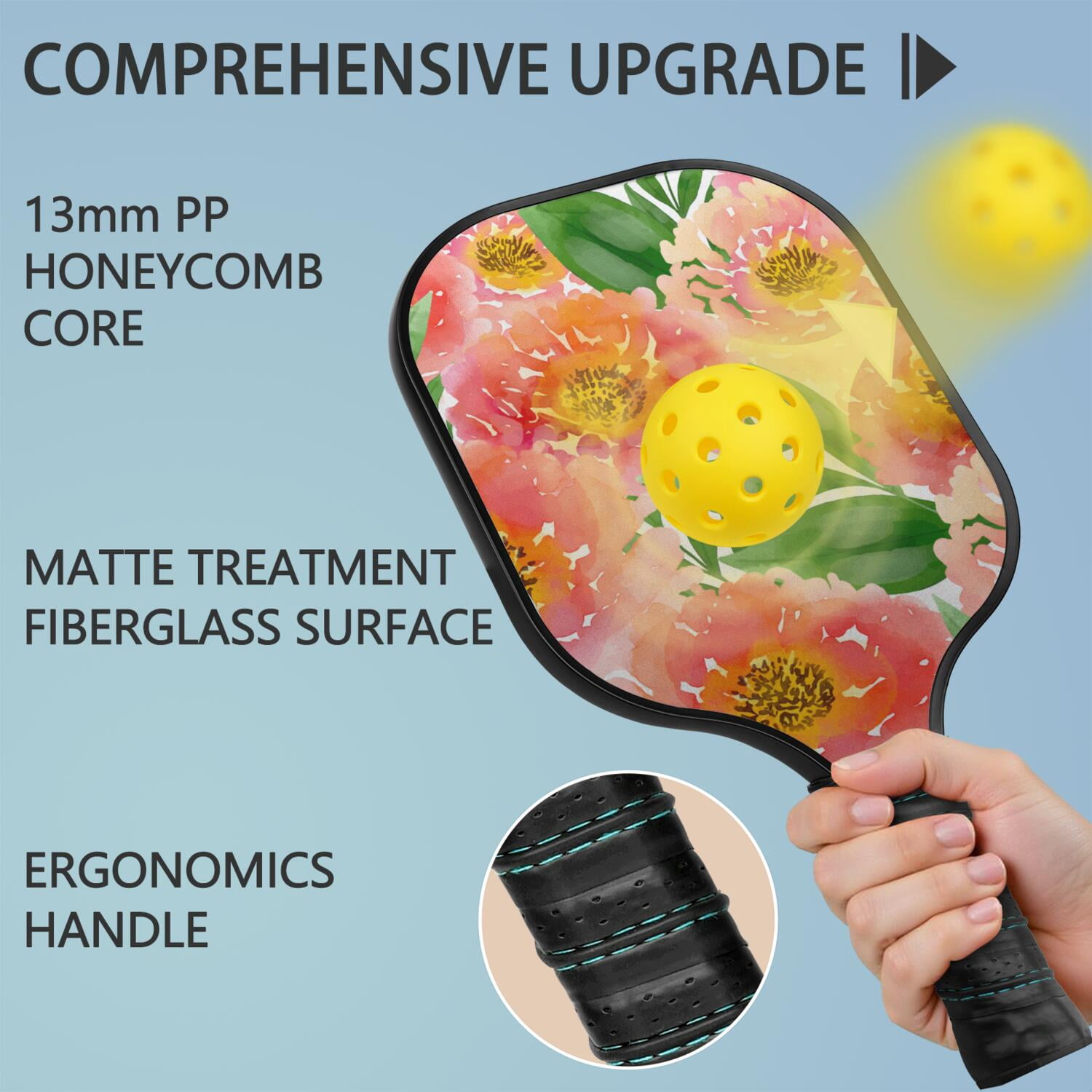 Pickleball Paddles Set Of 1, Fiberglass Surface, Vintage Floral Print, 1 Paddle, 2 Balls & Bag