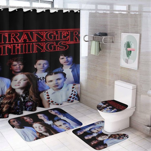 Juego de 4 cortinas de ducha de Stranger Things con alfombrillas antideslizantes, tapa de inodoro y alfombrilla de baño, cortina de ducha impermeable con decoración de dibujos animados para baño con