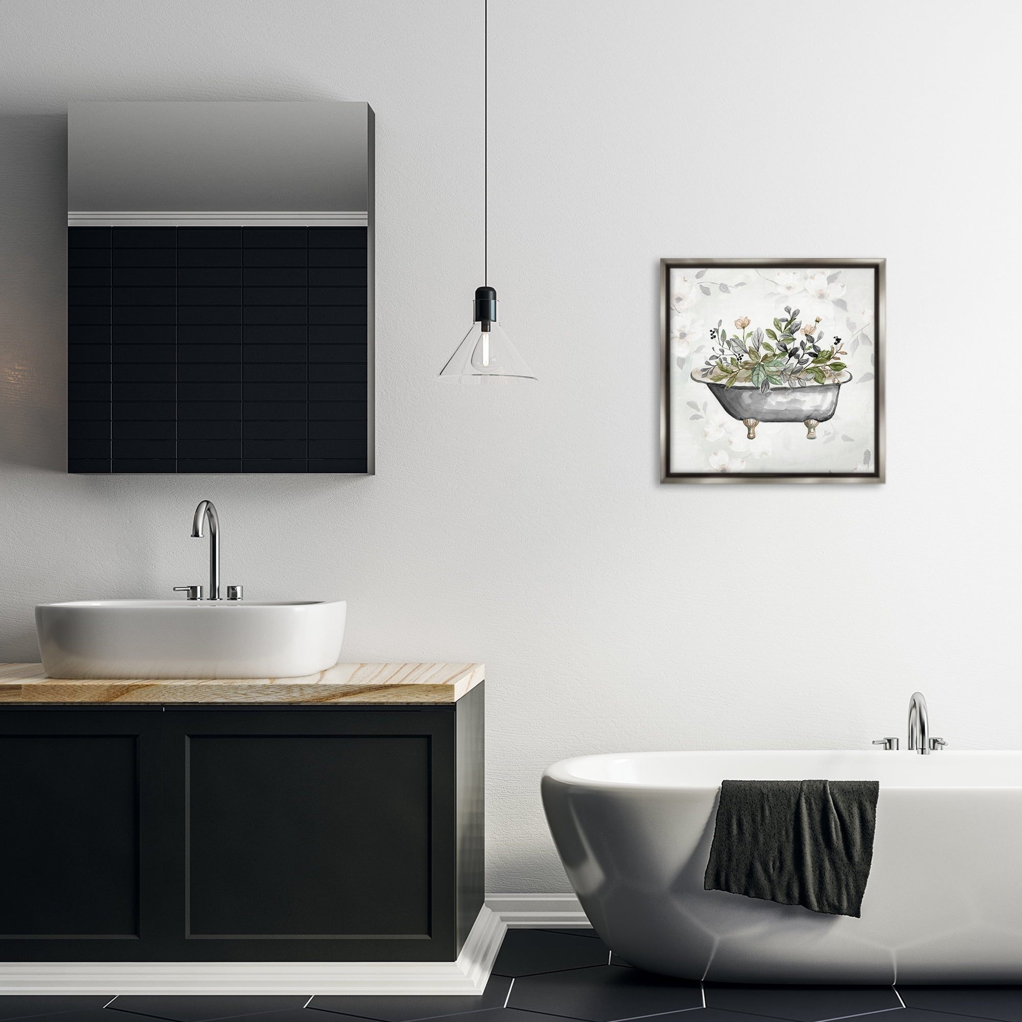 Stupell Industries Leaf Patterned Tub Typography Painting Gray Floater Framed Canvas Art Print Wall Art, 18 x 18