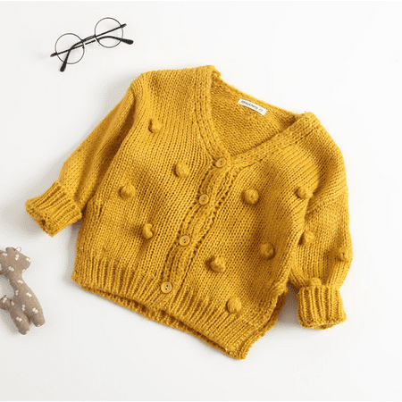 

Fanvereka Knitted Jacket With Girls Solid Fur Ball Decoration V Neck Button Closure Comfortable Warm Sweater